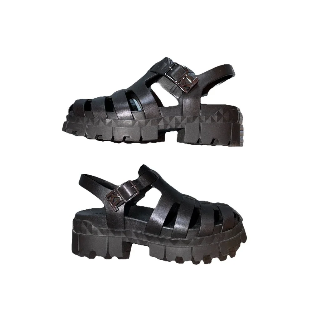 Karl Lagerfeld Paris Women's Fisherman Leather Sandals Black Logo Buckle Size 8